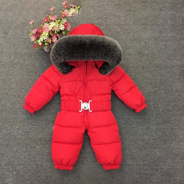 Baby Warm Winter Fur Hood Down Snowsuit