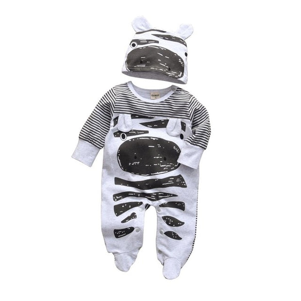 Newborn Infant Baby Boys Romper Clothes Cotton Cute Cartoon Print Long Sleeve Jumpsuit+Hat 2 Pcs Toddler Baby Clothes Outfits