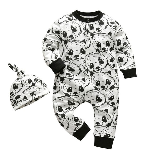 Newborn Infant Baby Boys Romper Clothes Cotton Cute Cartoon Print Long Sleeve Jumpsuit+Hat 2 Pcs Toddler Baby Clothes Outfits