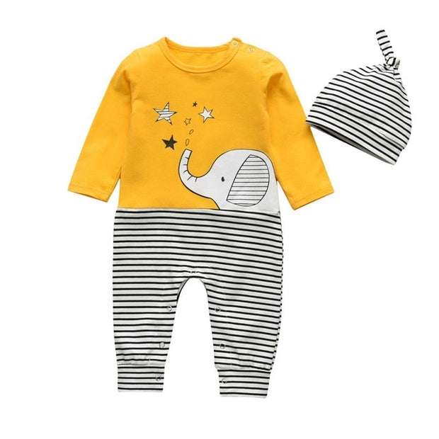 Newborn Infant Baby Boys Romper Clothes Cotton Cute Cartoon Print Long Sleeve Jumpsuit+Hat 2 Pcs Toddler Baby Clothes Outfits