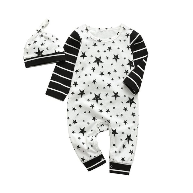 Newborn Infant Baby Boys Romper Clothes Cotton Cute Cartoon Print Long Sleeve Jumpsuit+Hat 2 Pcs Toddler Baby Clothes Outfits